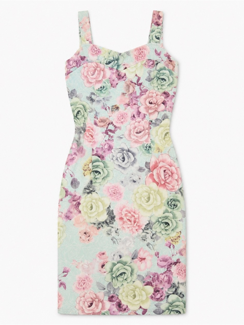 Pastel Floral Square Neck Bodycon Midi Dress